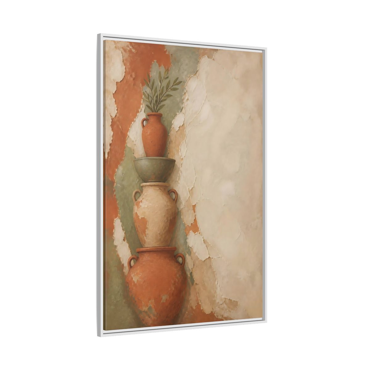 Side Mockup 7. Stacked Terracotta Vases shown as framed canvas print
