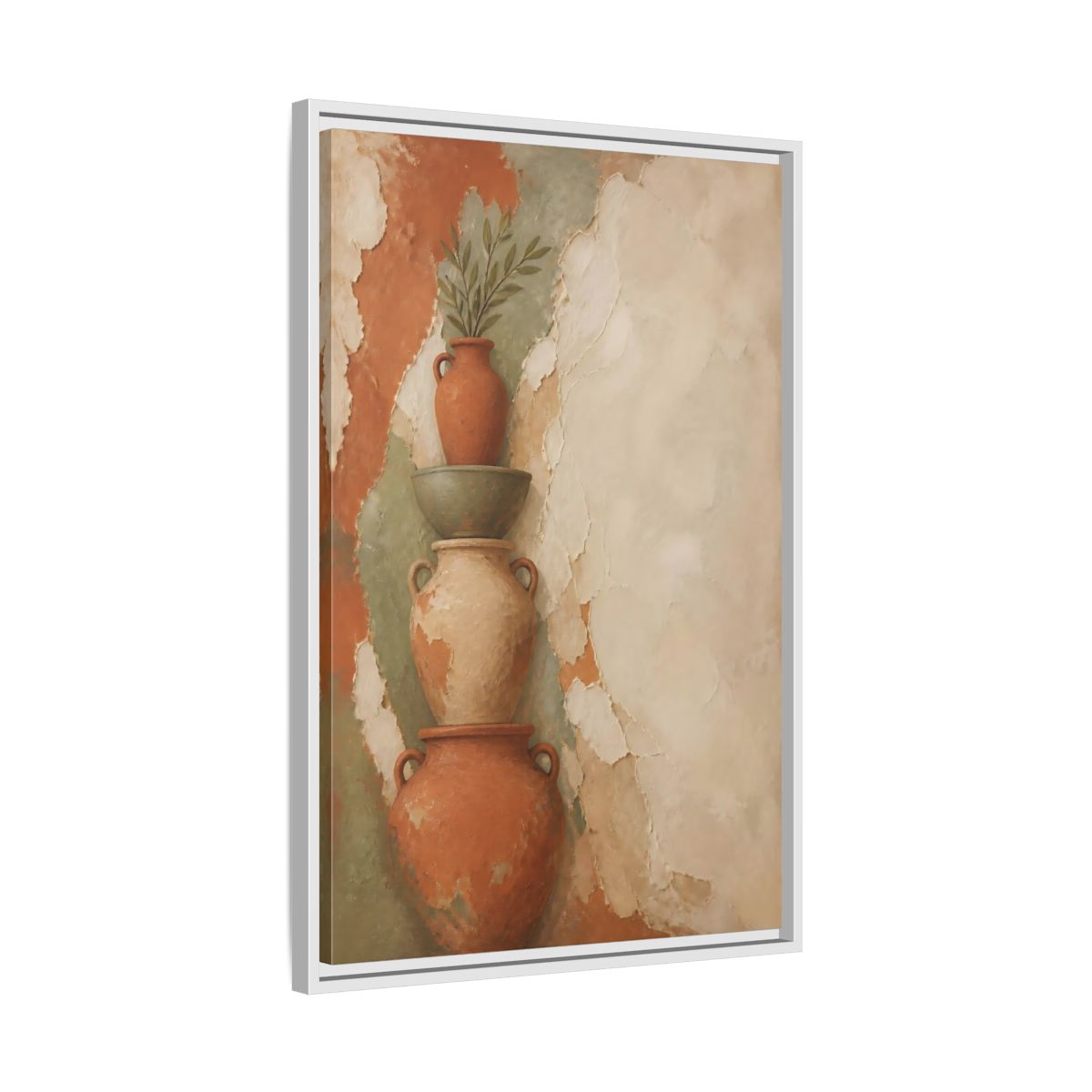 Side Mockup 10. Stacked Terracotta Vases shown as framed canvas print