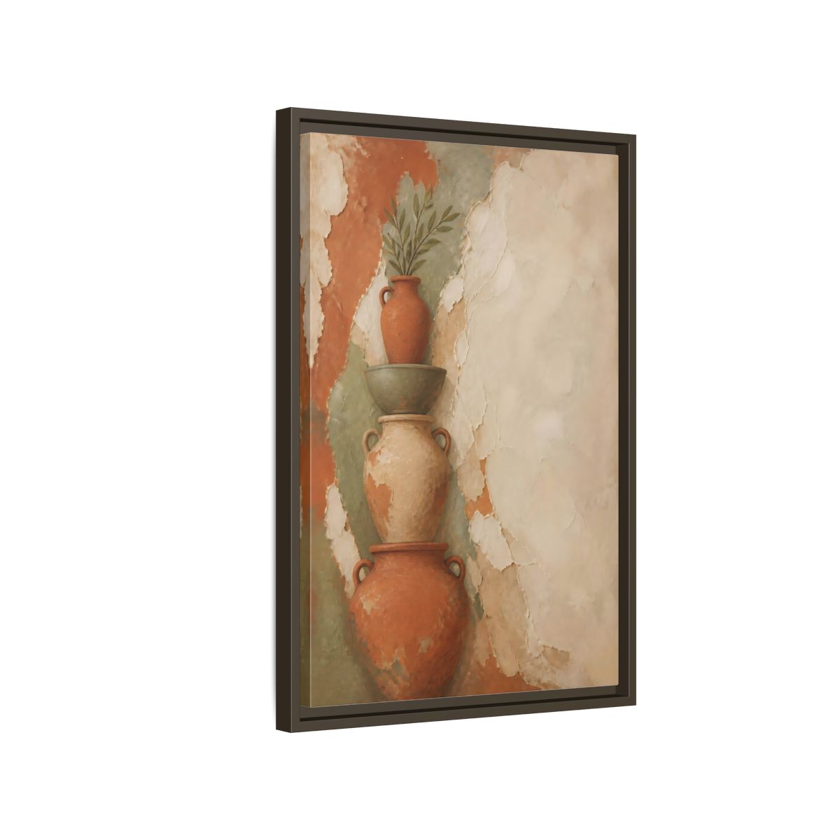 Side Mockup 2. Stacked Terracotta Vases shown as framed canvas print