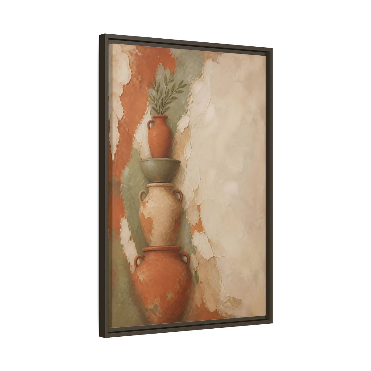 Side Mockup 11. Stacked Terracotta Vases shown as framed canvas print