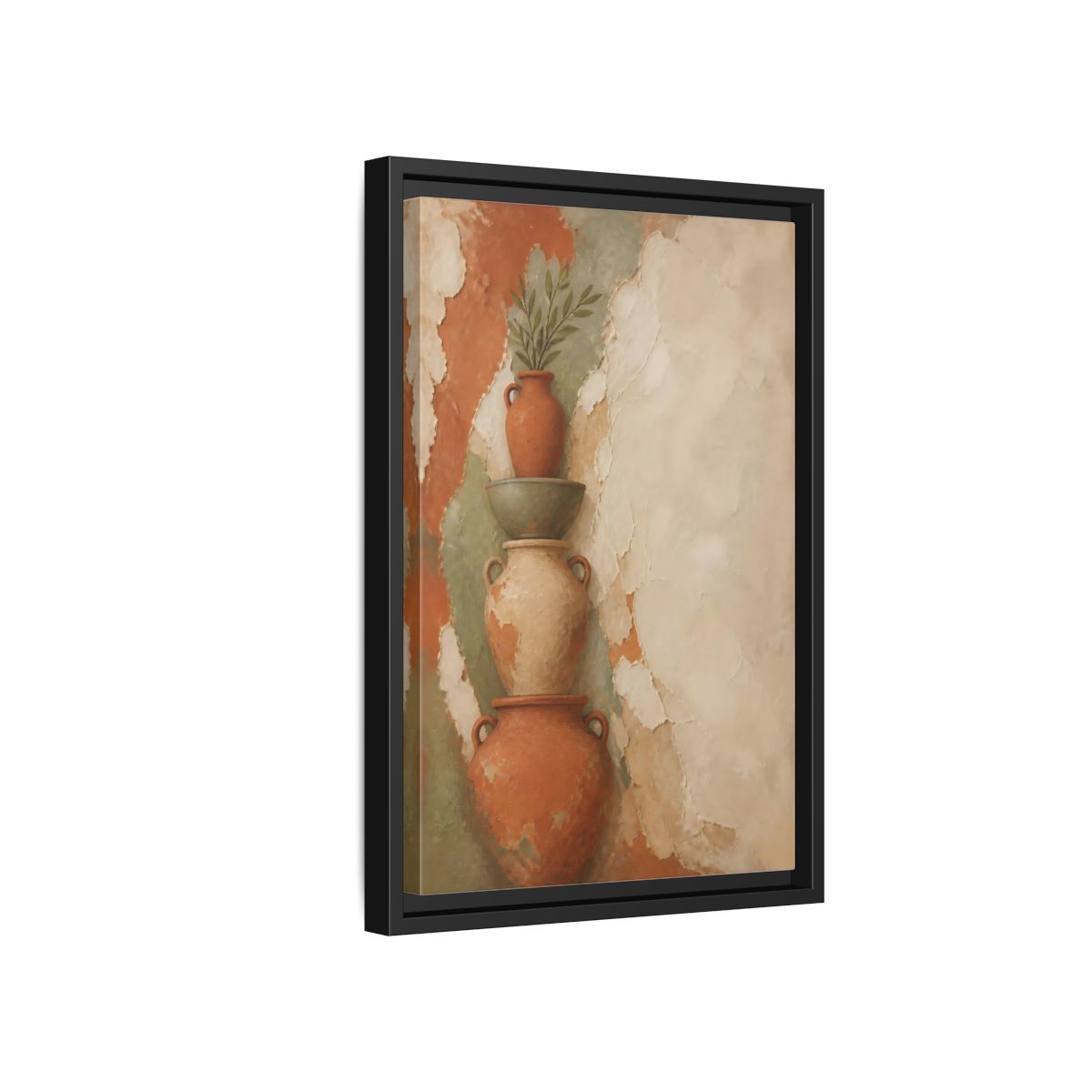Side Mockup 6. Stacked Terracotta Vases shown as framed canvas print