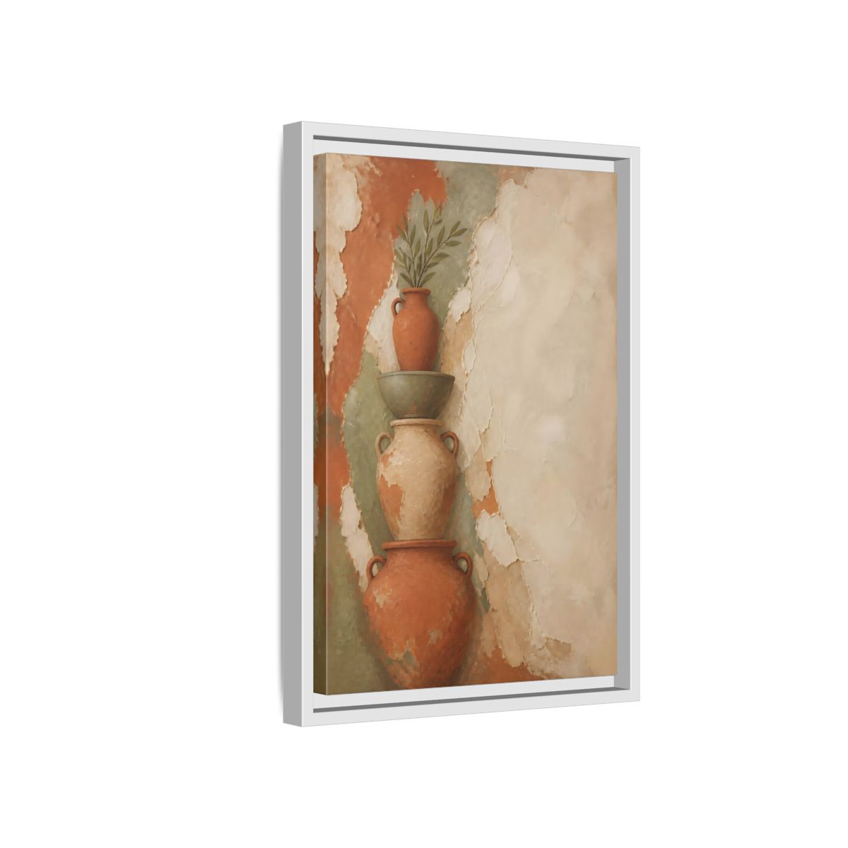 Side Mockup 4. Stacked Terracotta Vases shown as framed canvas print