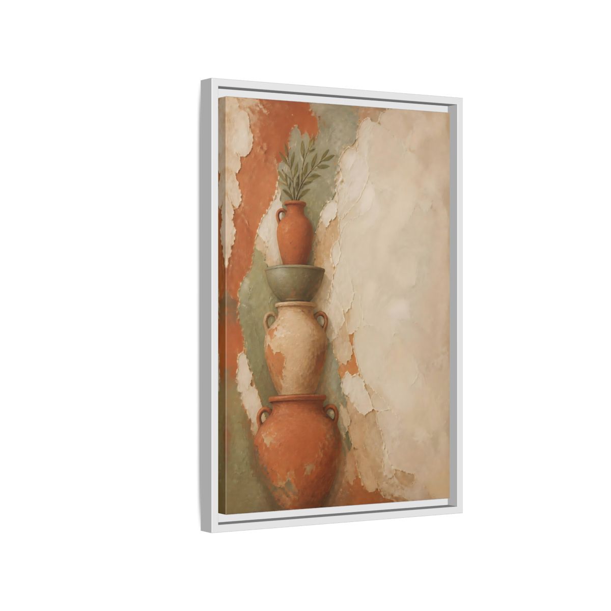 Side Mockup 1. Stacked Terracotta Vases shown as framed canvas print