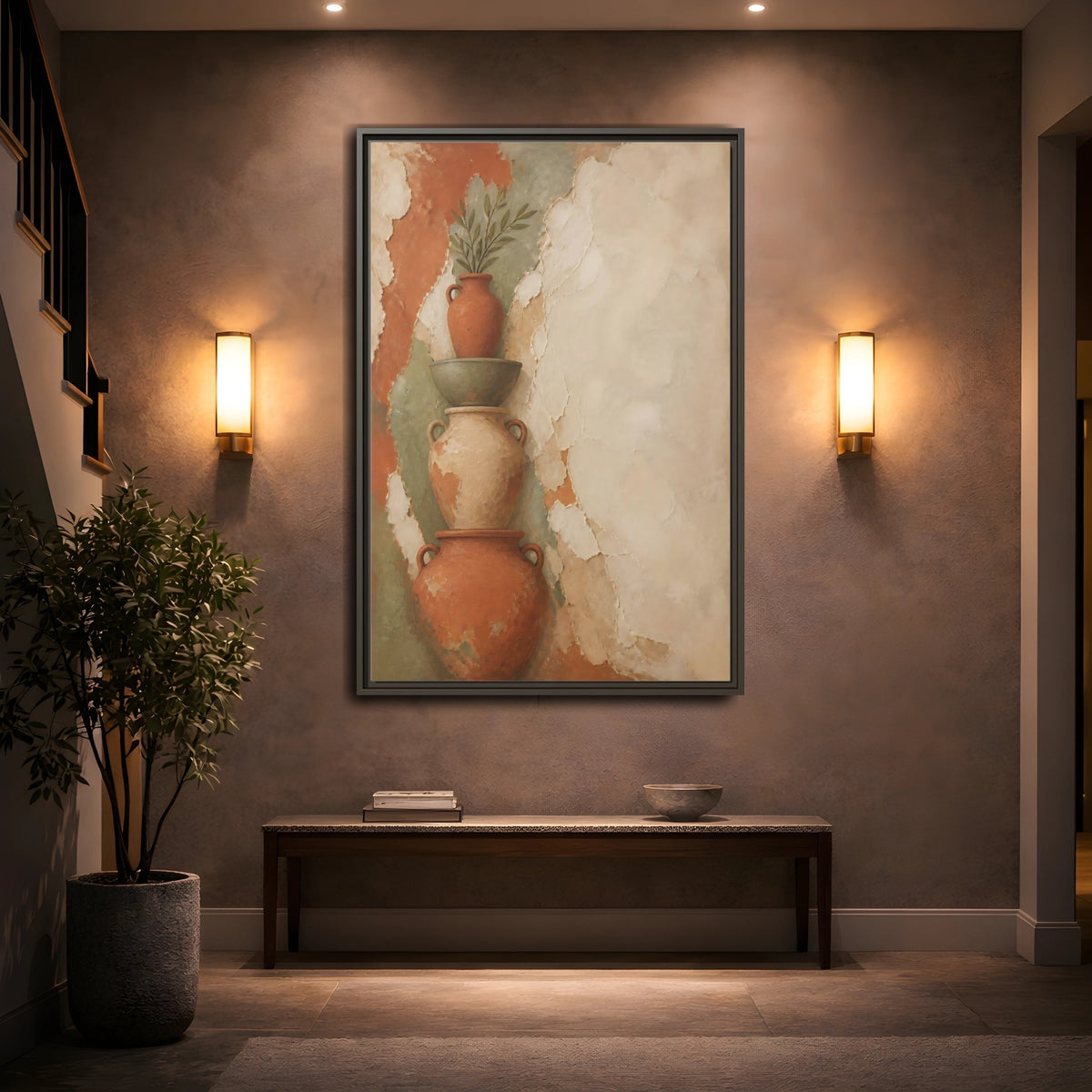 Mockup 2. Stacked Terracotta Vases shown as framed canvas print