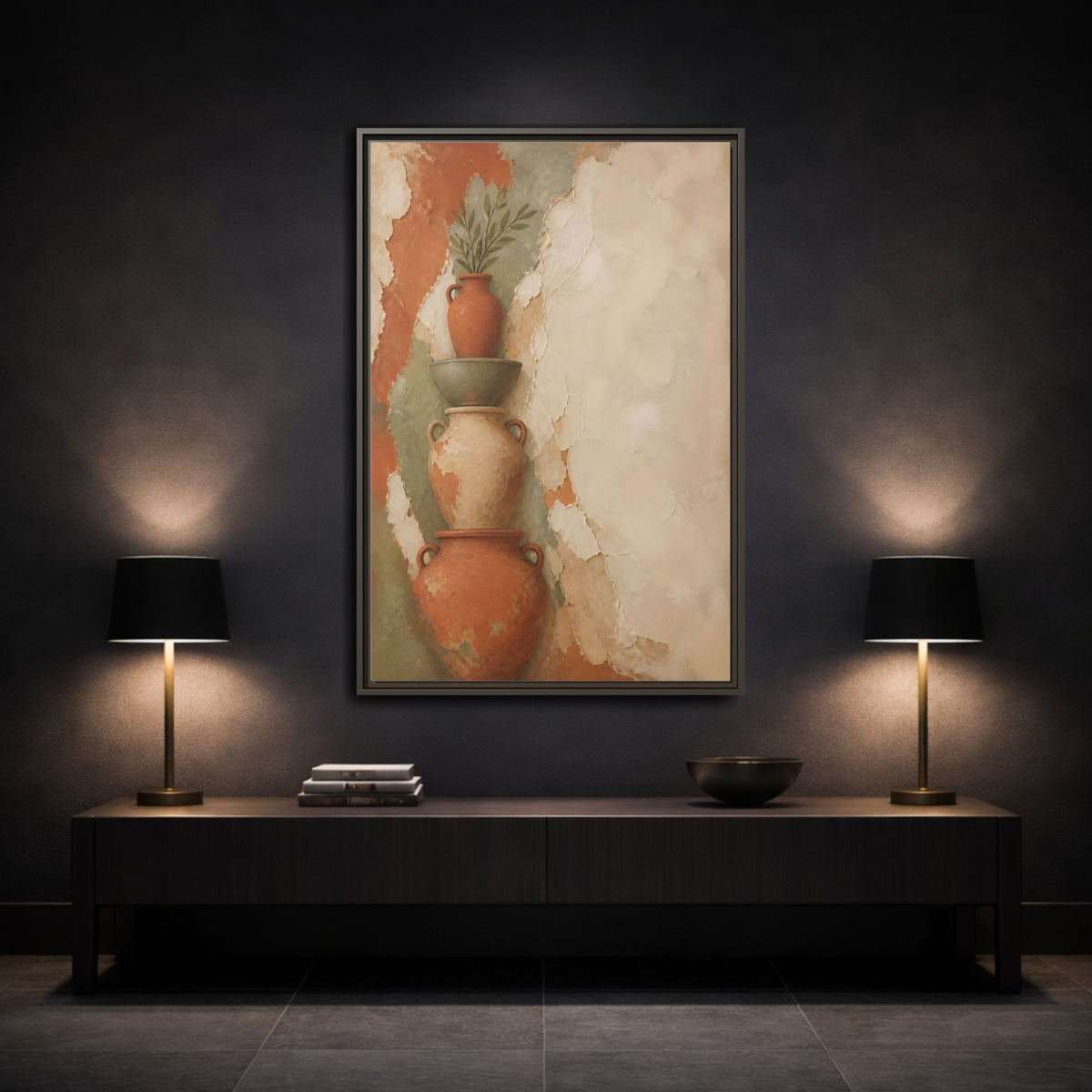Mockup 3. Stacked Terracotta Vases shown as framed canvas print