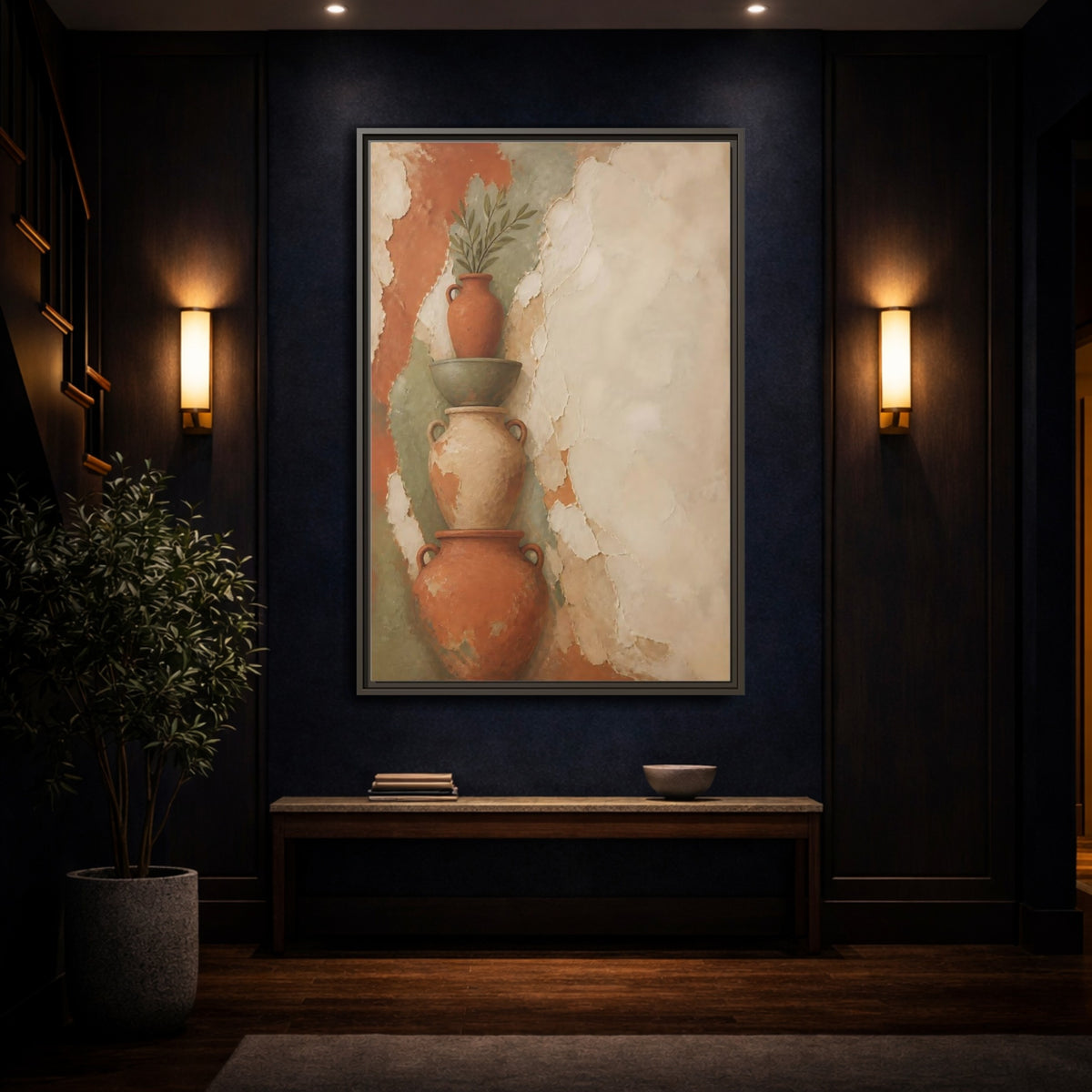 Mockup 4. Stacked Terracotta Vases shown as framed canvas print