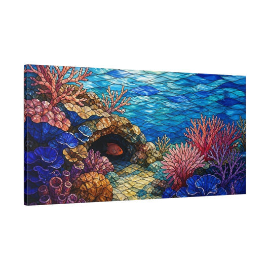 Main Mockup. Stained Glass Coral Reef shown as canvas print