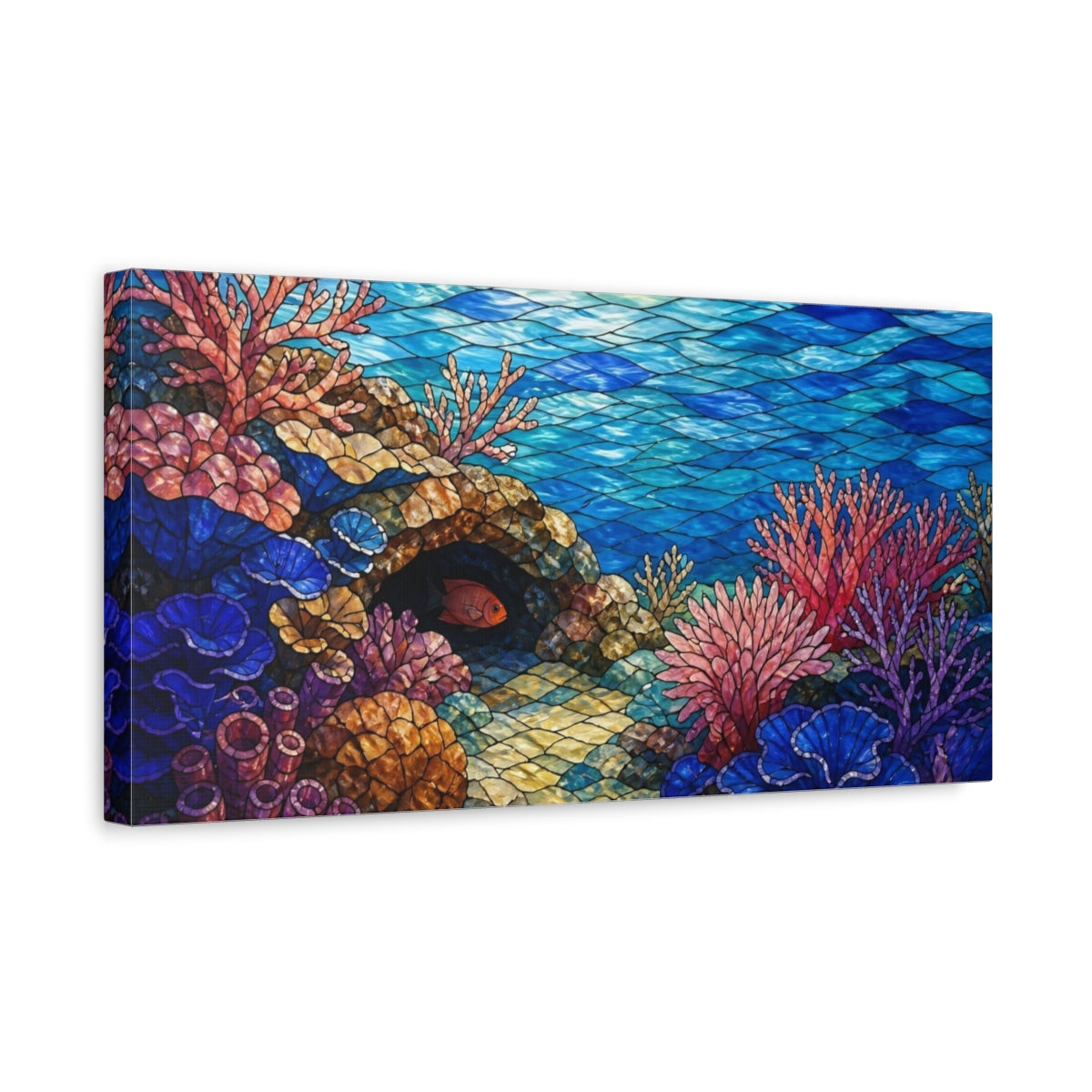 Side Mockup 3. Stained Glass Coral Reef shown as canvas print