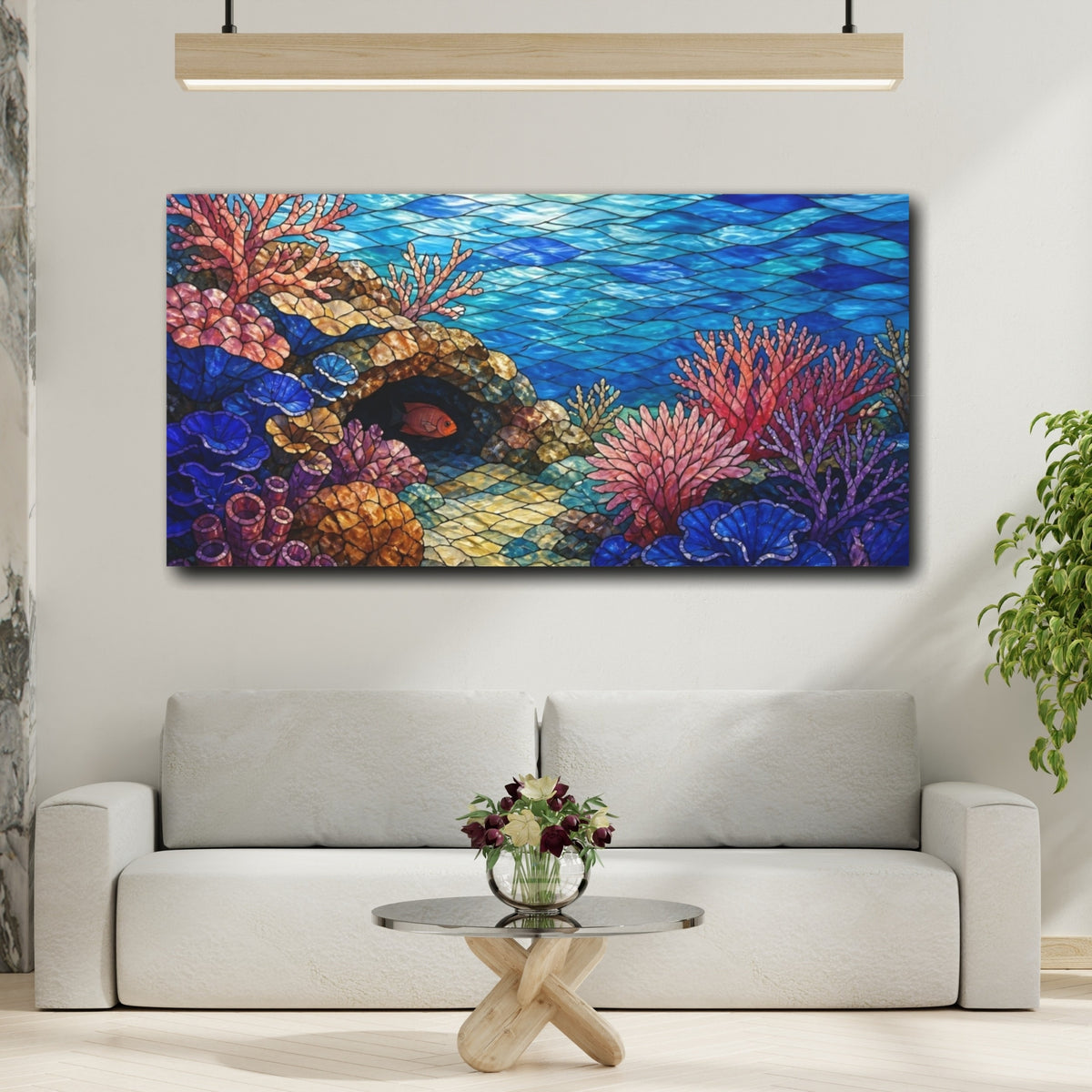 Mockup 2. Stained Glass Coral Reef shown as canvas print