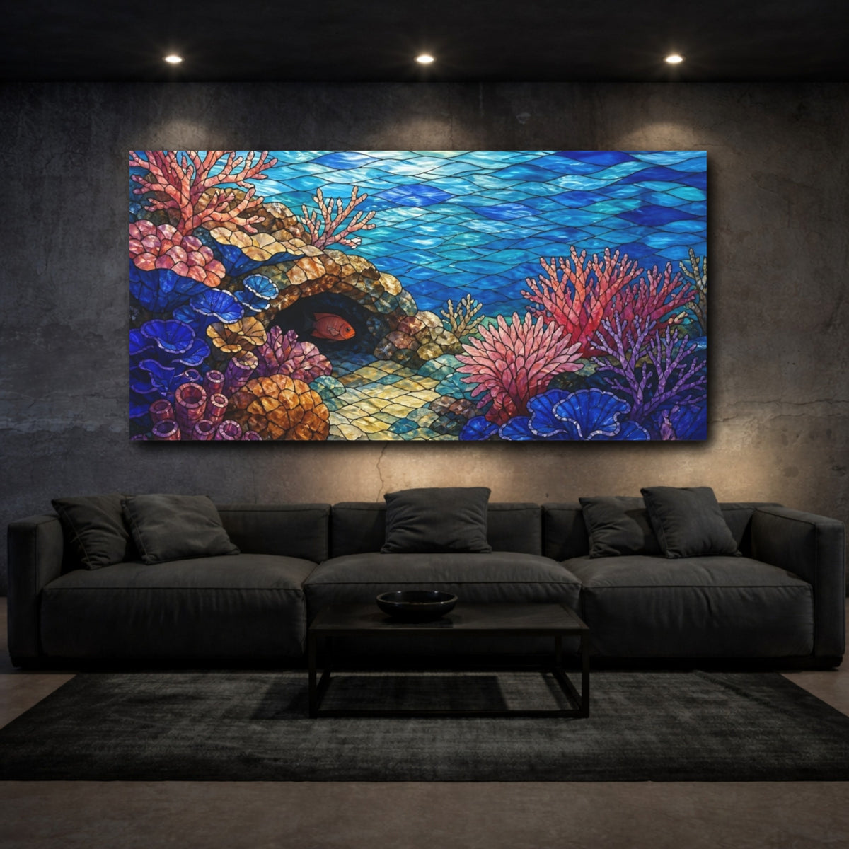 Mockup 3. Stained Glass Coral Reef shown as canvas print