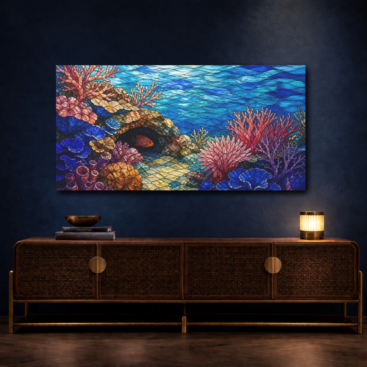 Mockup 4. Stained Glass Coral Reef shown as canvas print