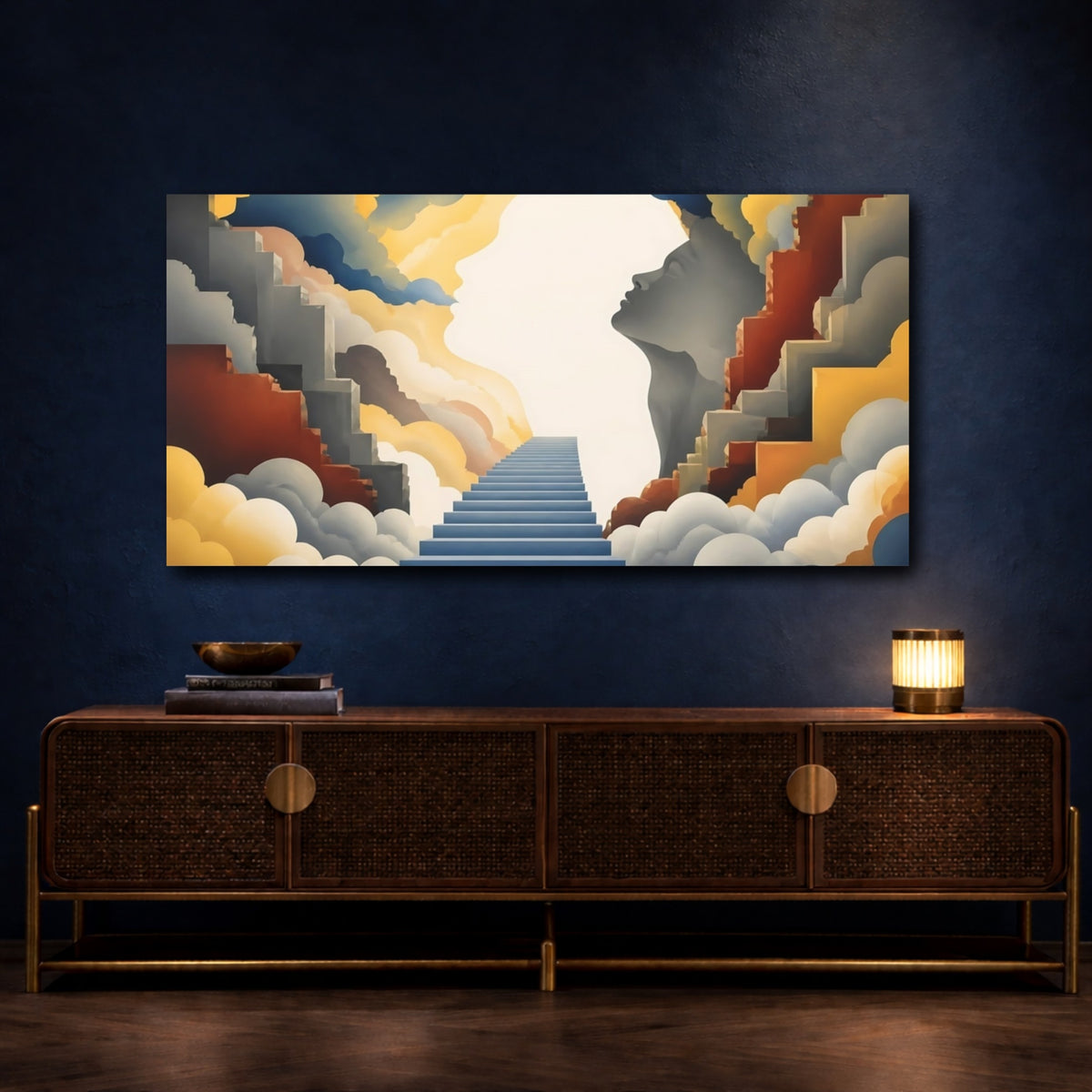Mockup 4. Staircase Through Clouds shown as canvas print