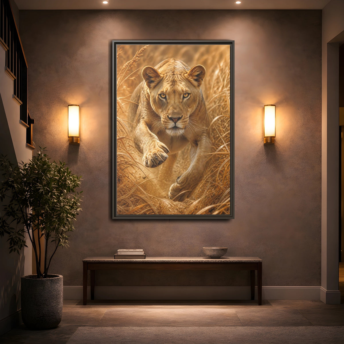 Mockup 2. Stalking Lioness In Grass shown as framed canvas print