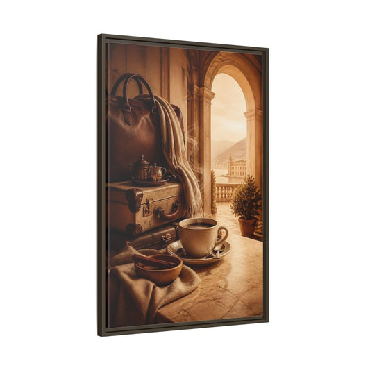 Main Mockup. Steaming Coffee & Luggage shown as framed canvas print
