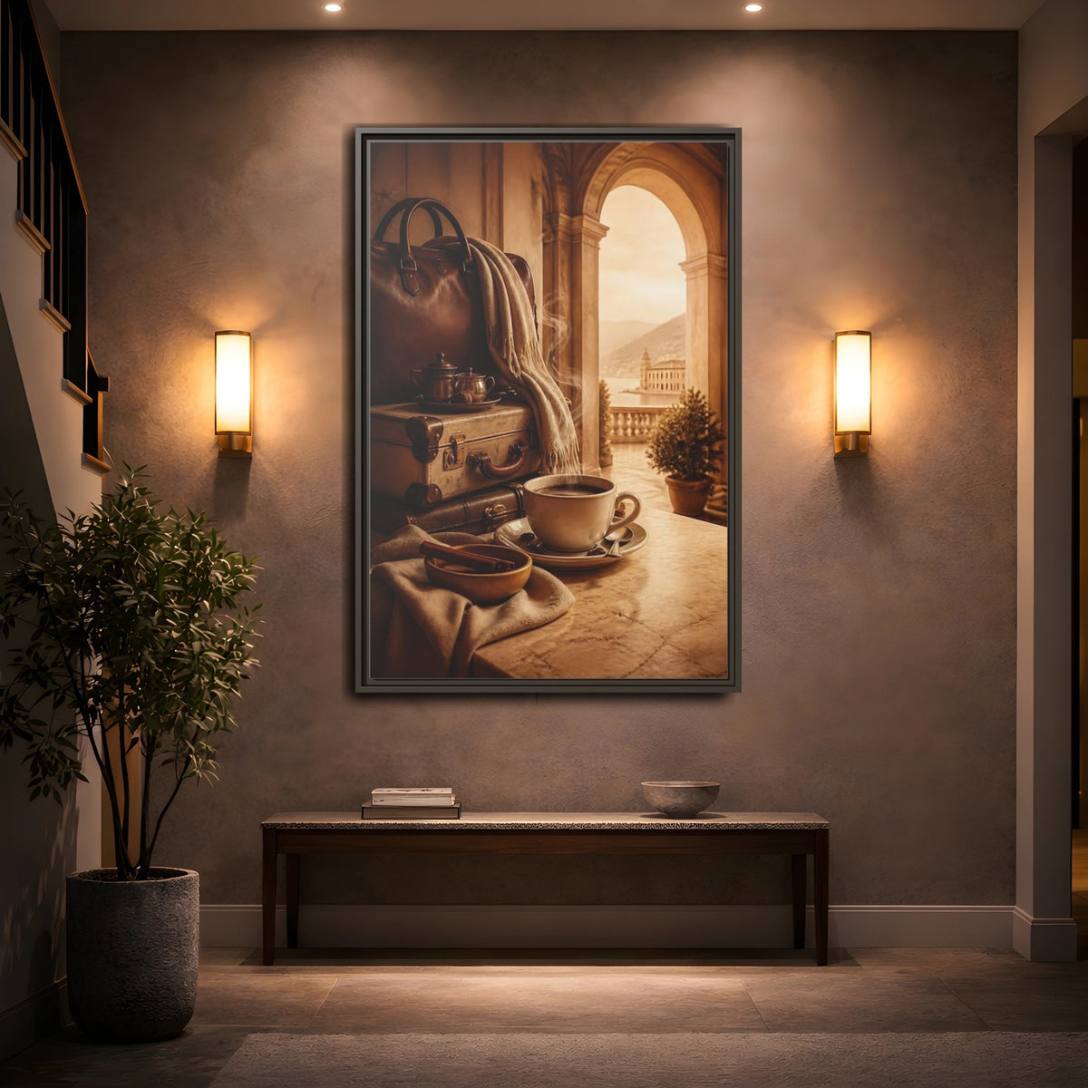 Mockup 2. Steaming Coffee & Luggage shown as framed canvas print