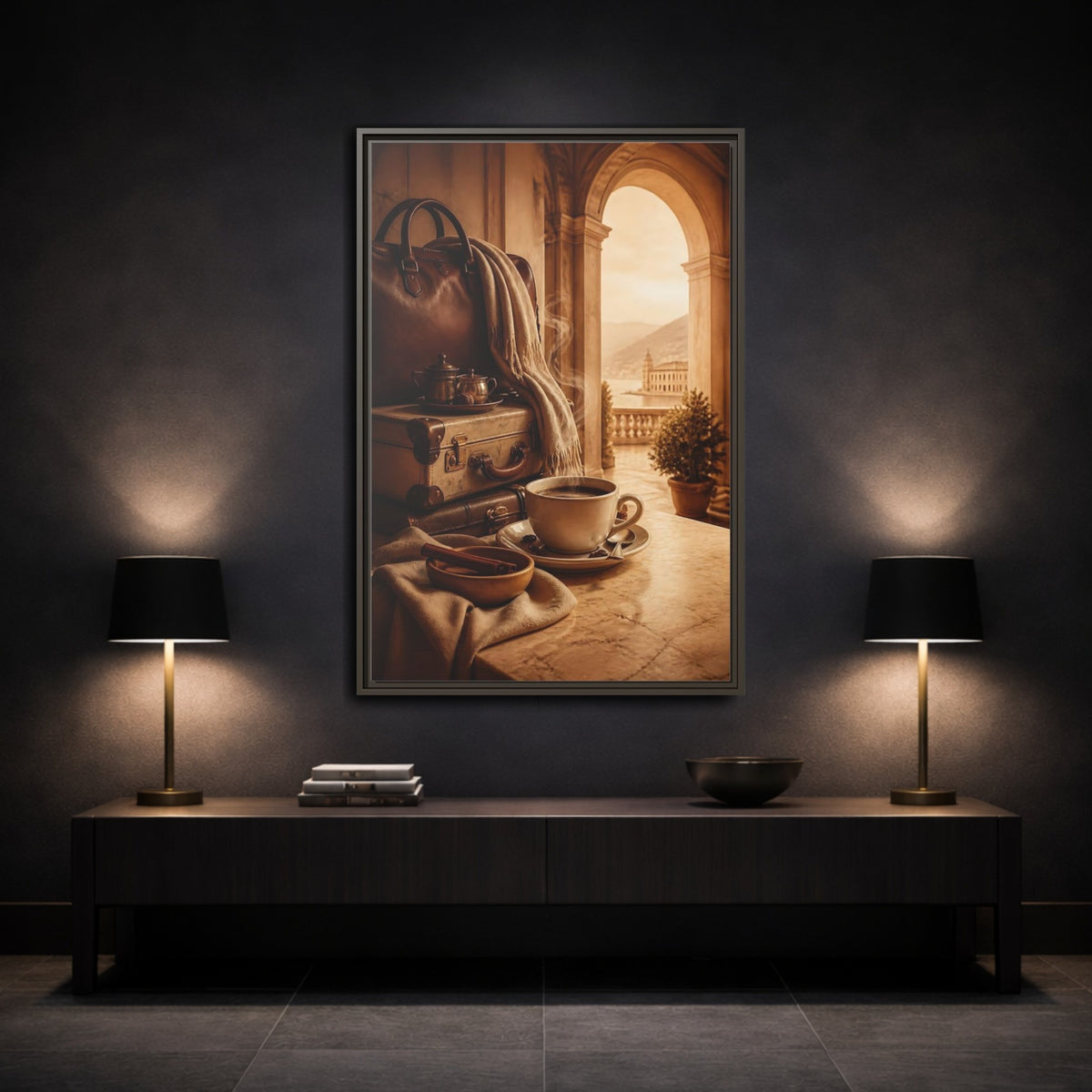 Mockup 3. Steaming Coffee & Luggage shown as framed canvas print