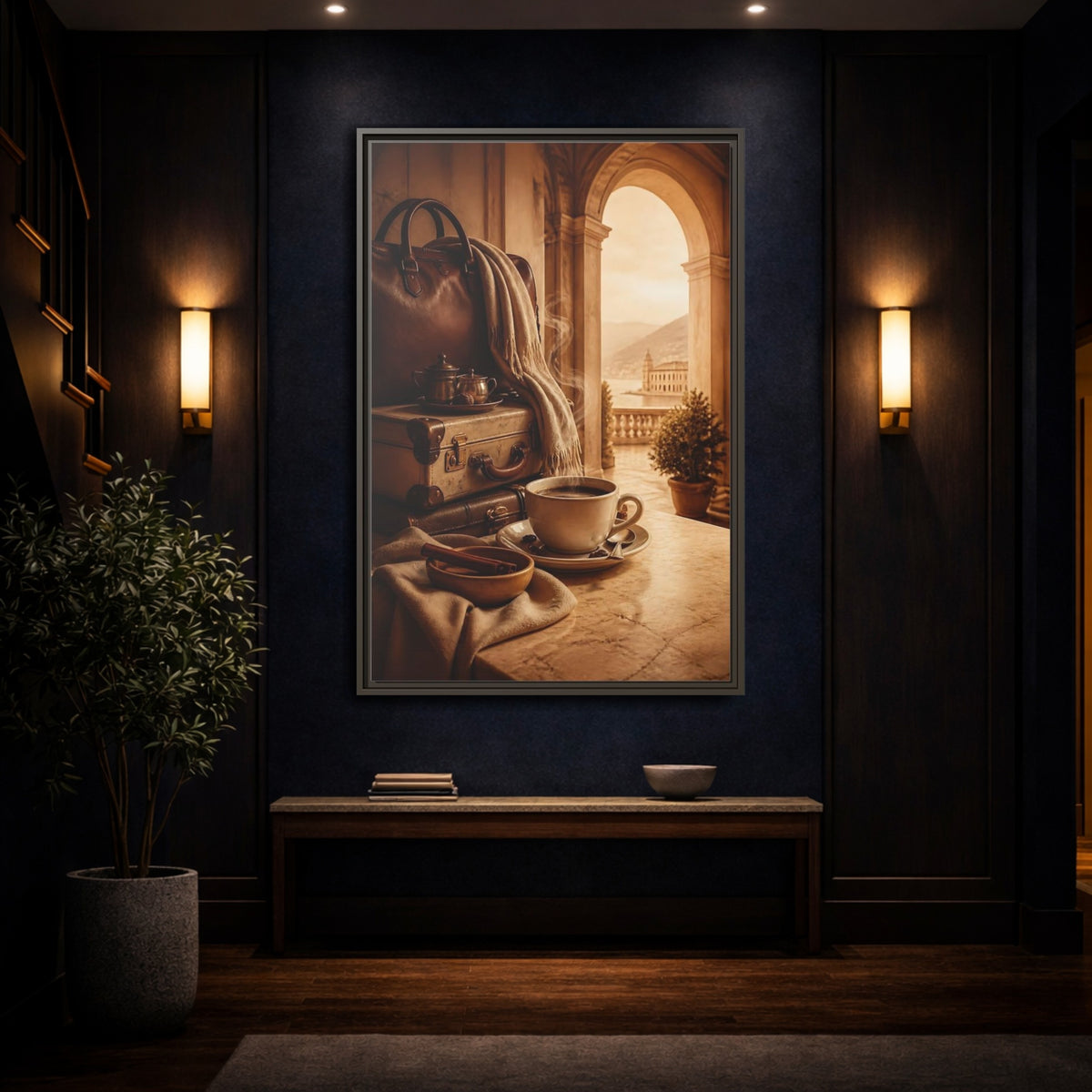 Mockup 4. Steaming Coffee & Luggage shown as framed canvas print