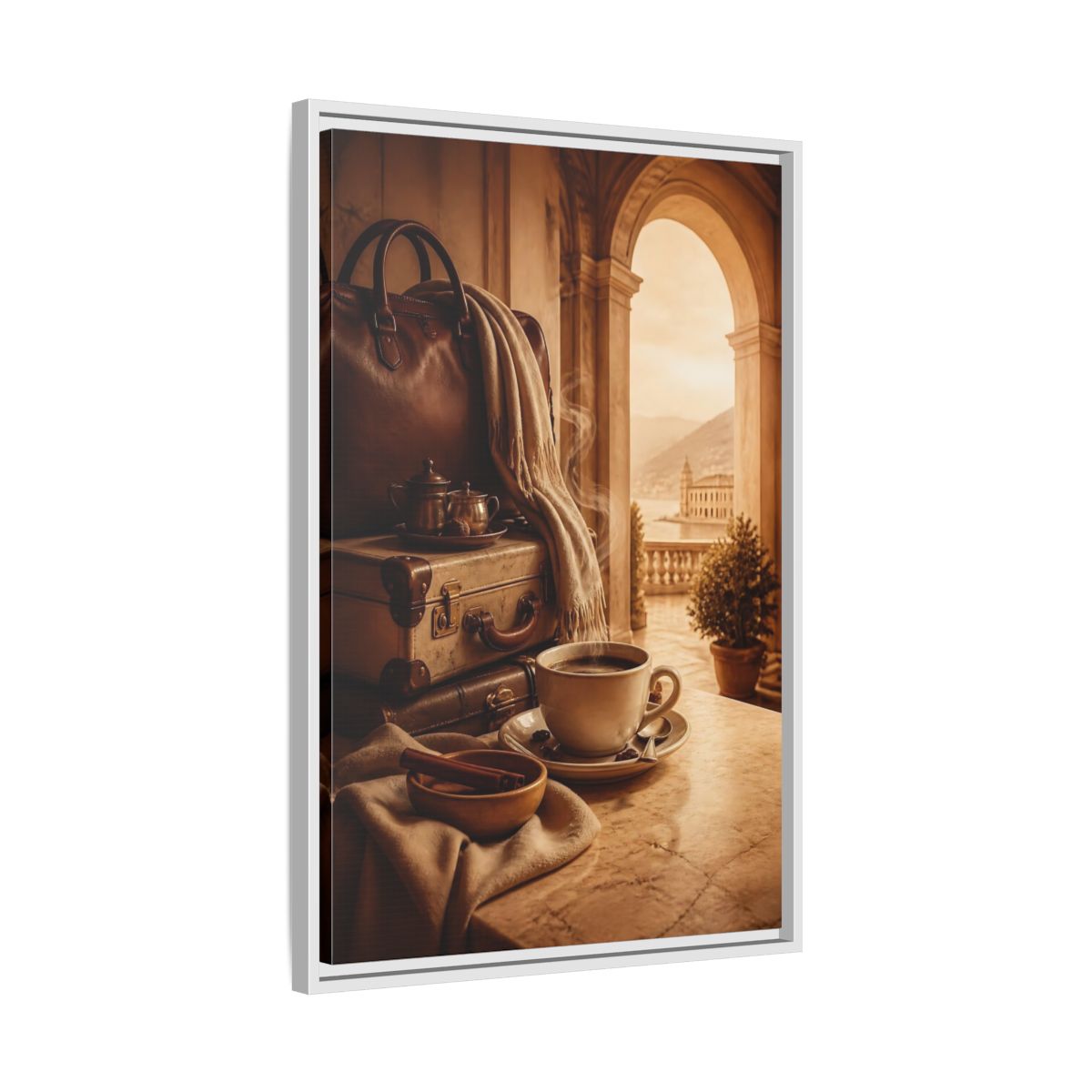 Side Mockup 10. Steaming Coffee & Luggage shown as framed canvas print