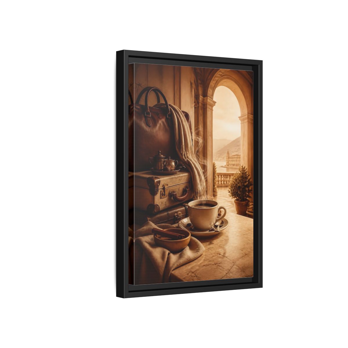 Side Mockup 6. Steaming Coffee & Luggage shown as framed canvas print