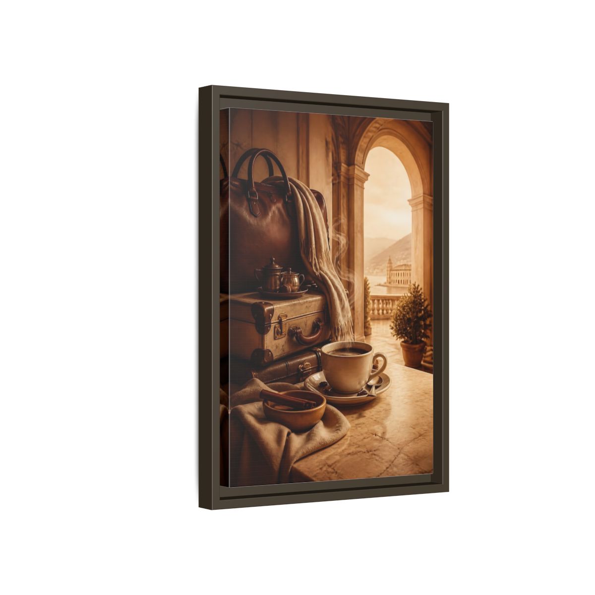 Side Mockup 5. Steaming Coffee & Luggage shown as framed canvas print
