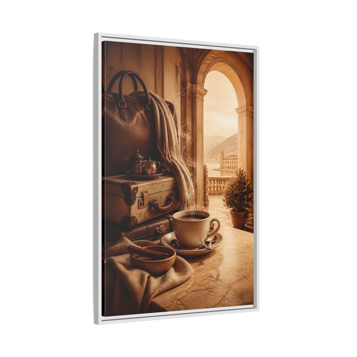 Side Mockup 9. Steaming Coffee & Luggage shown as framed canvas print