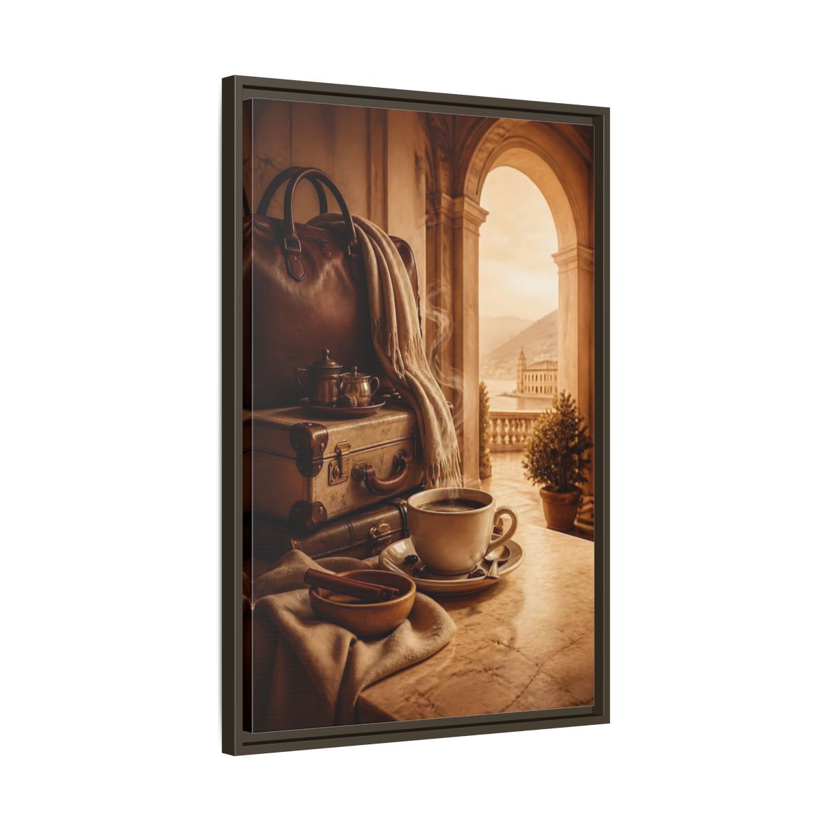 Side Mockup 11. Steaming Coffee & Luggage shown as framed canvas print