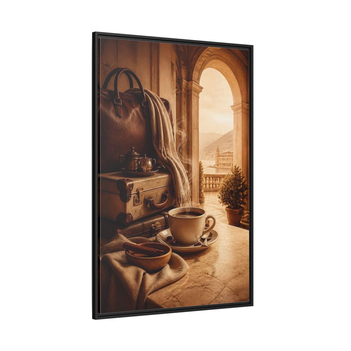 Side Mockup 12. Steaming Coffee & Luggage shown as framed canvas print
