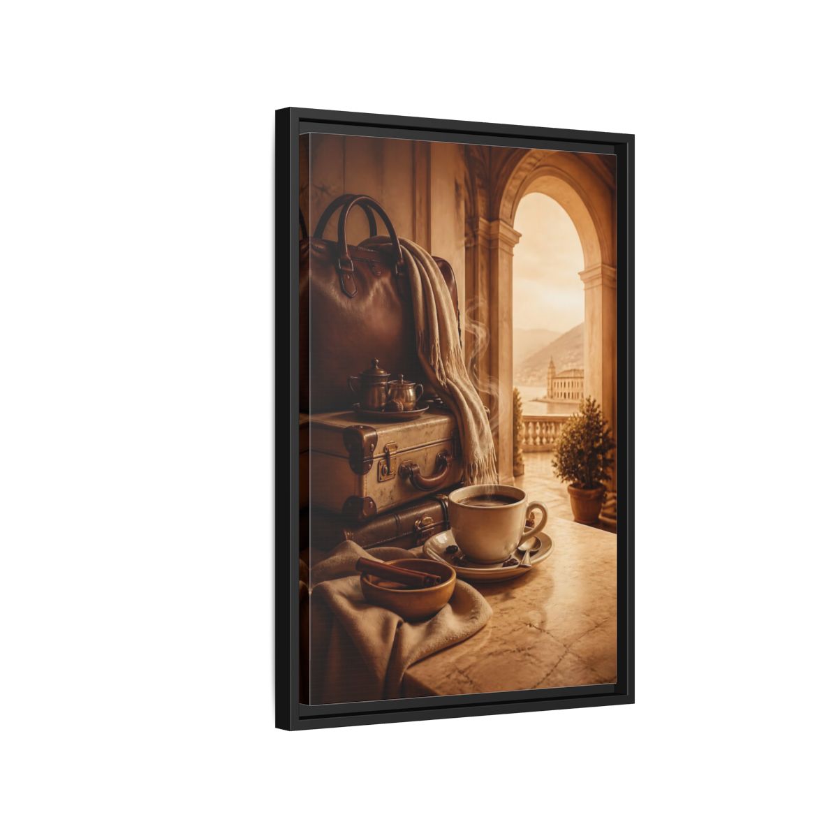 Side Mockup 3. Steaming Coffee & Luggage shown as framed canvas print
