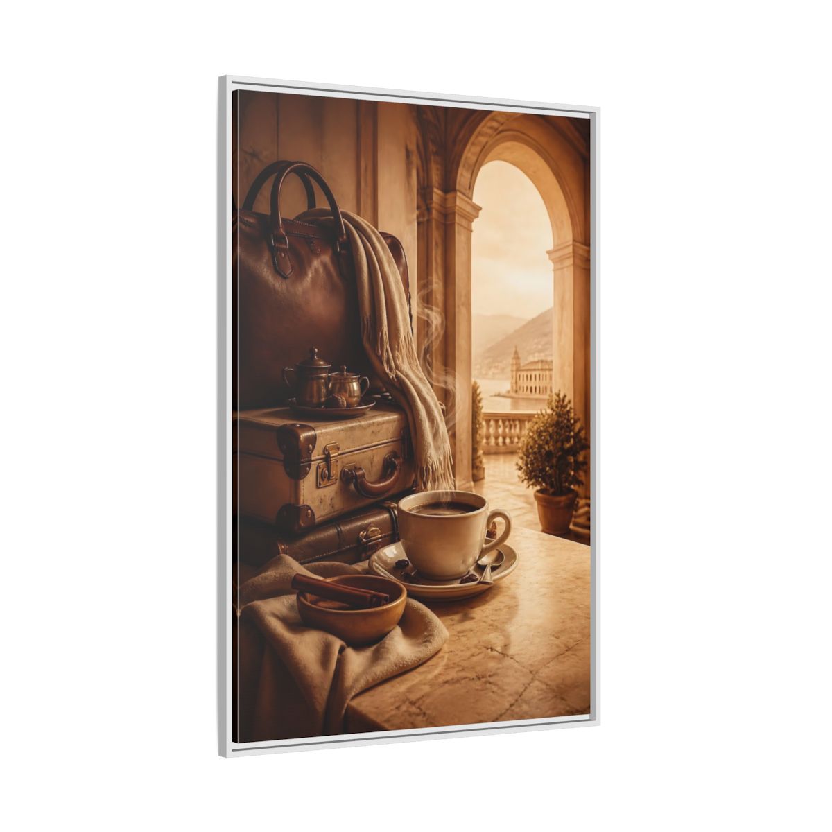 Side Mockup 7. Steaming Coffee & Luggage shown as framed canvas print
