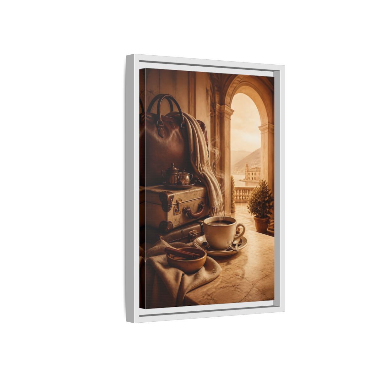 Side Mockup 4. Steaming Coffee & Luggage shown as framed canvas print