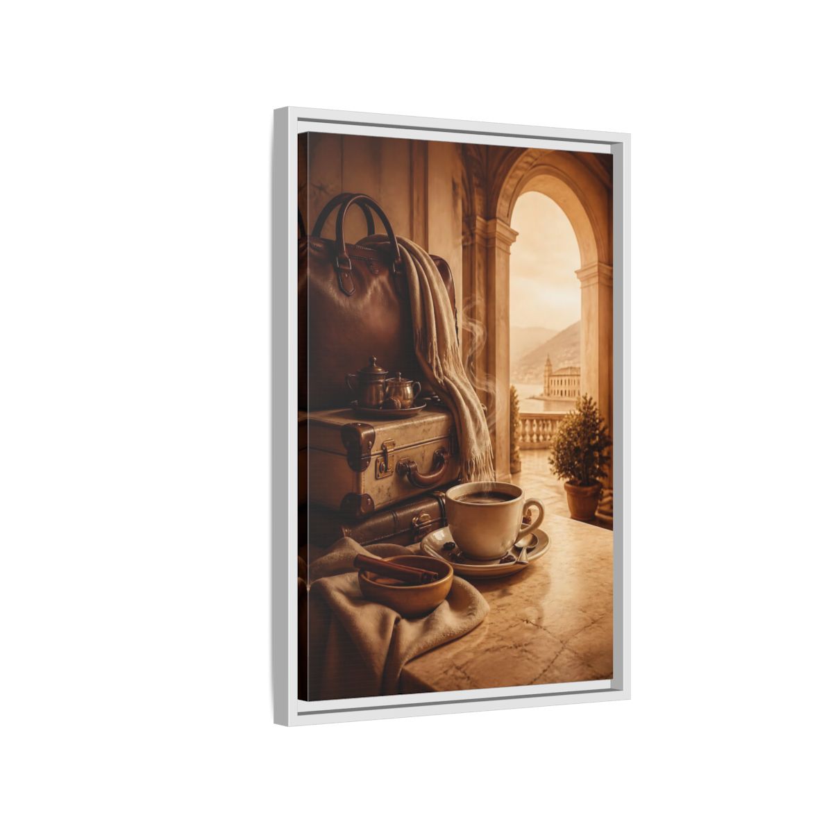Side Mockup 1. Steaming Coffee & Luggage shown as framed canvas print
