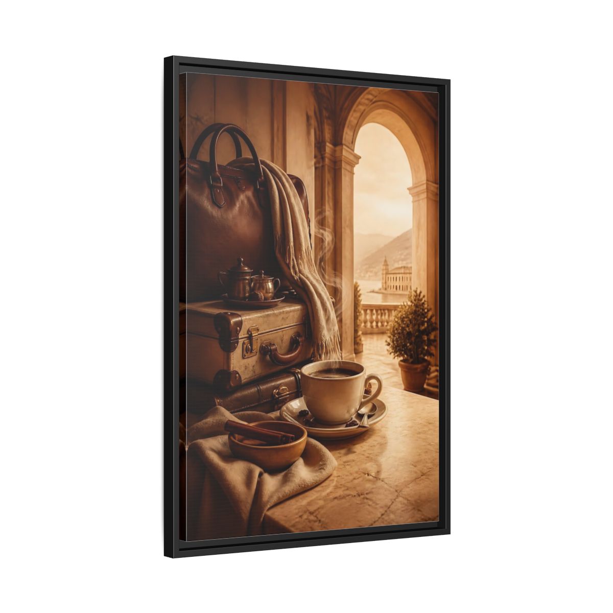 Side Mockup 14. Steaming Coffee & Luggage shown as framed canvas print