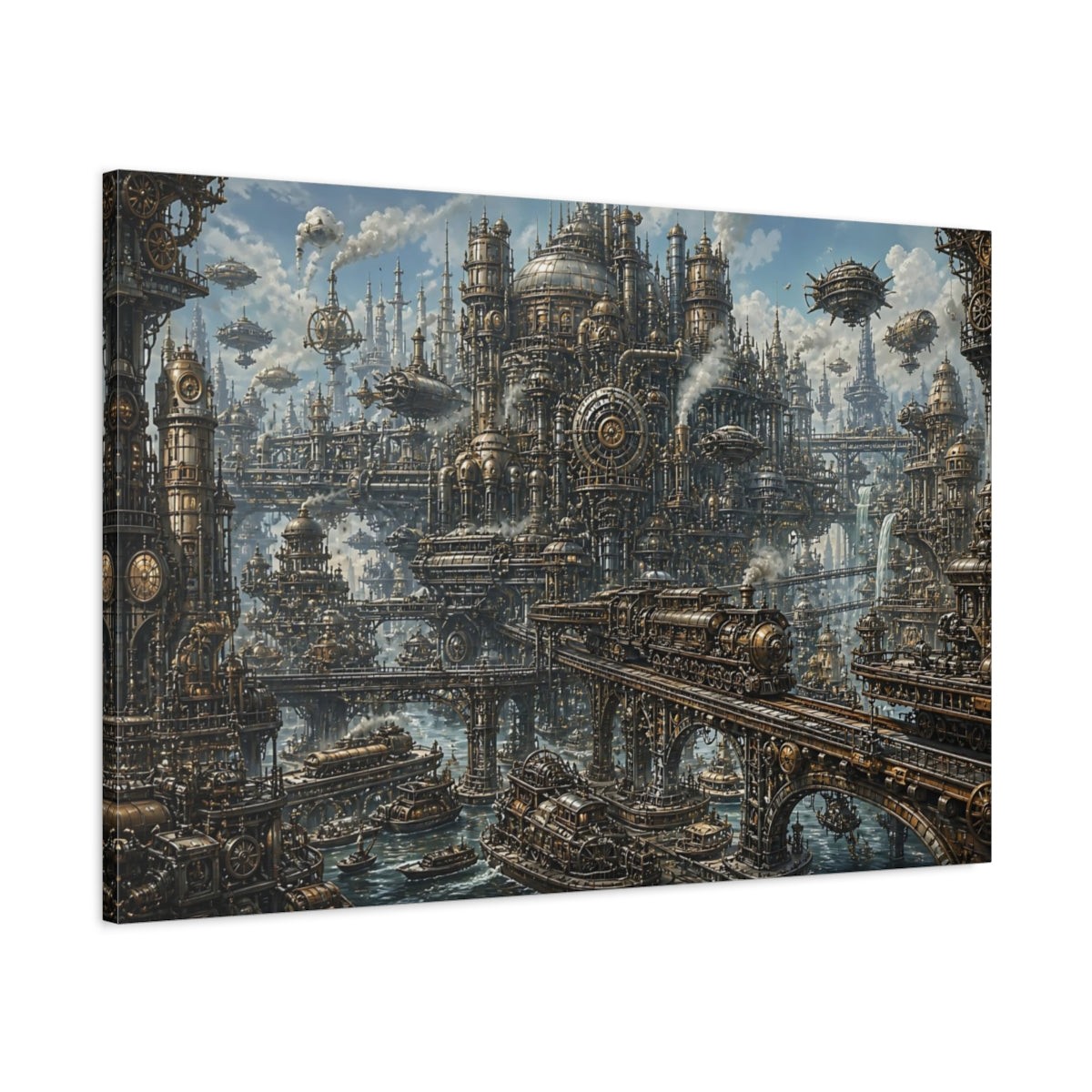 Main Mockup. Steampunk City Skyline shown as canvas print