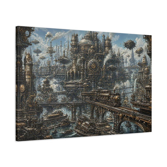 Main Mockup. Steampunk City Skyline shown as canvas print