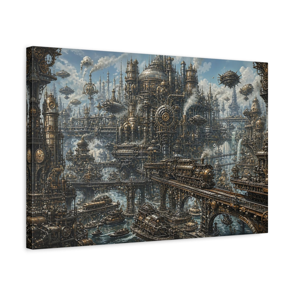 Side Mockup 3. Steampunk City Skyline shown as canvas print