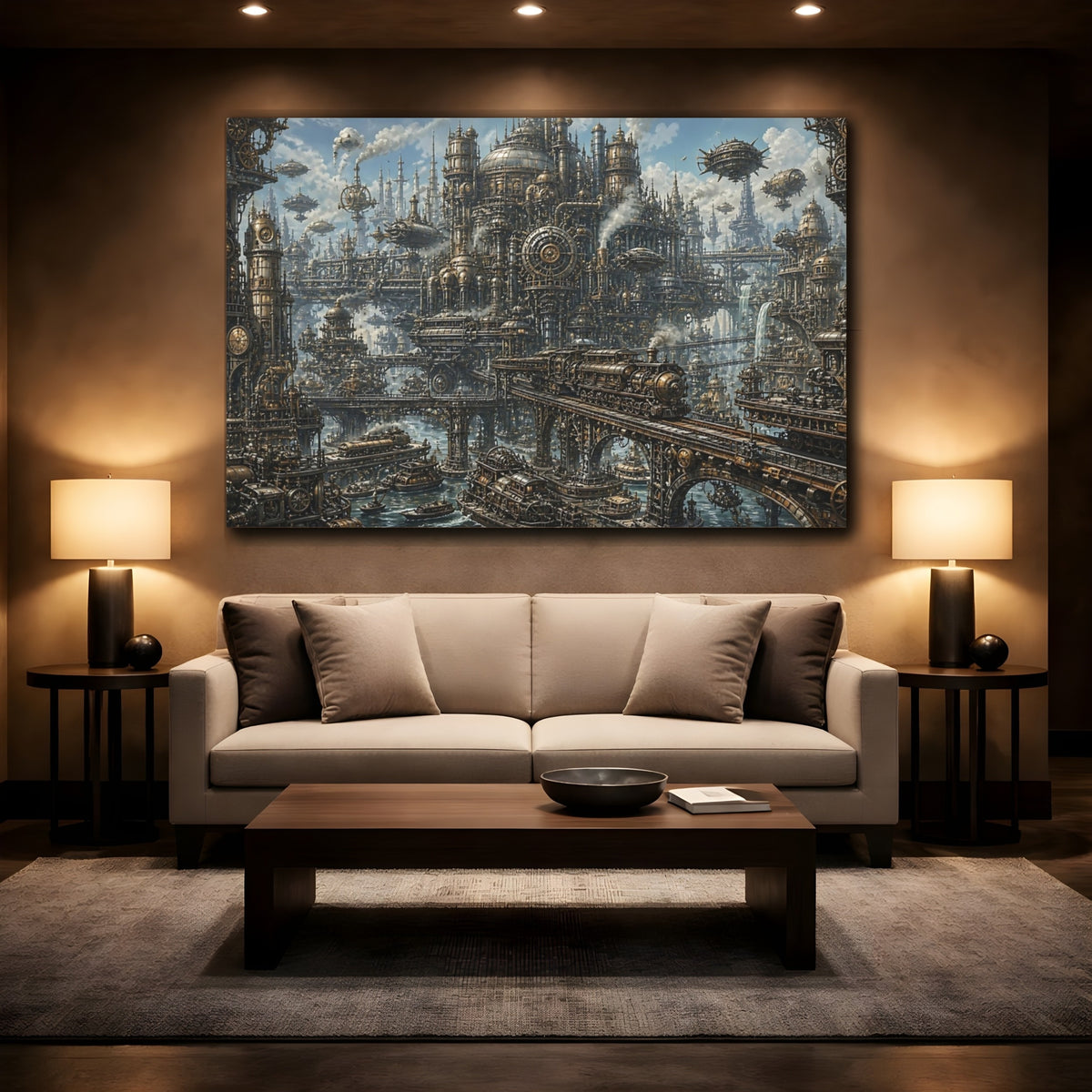 Mockup 2. Steampunk City Skyline shown as canvas print