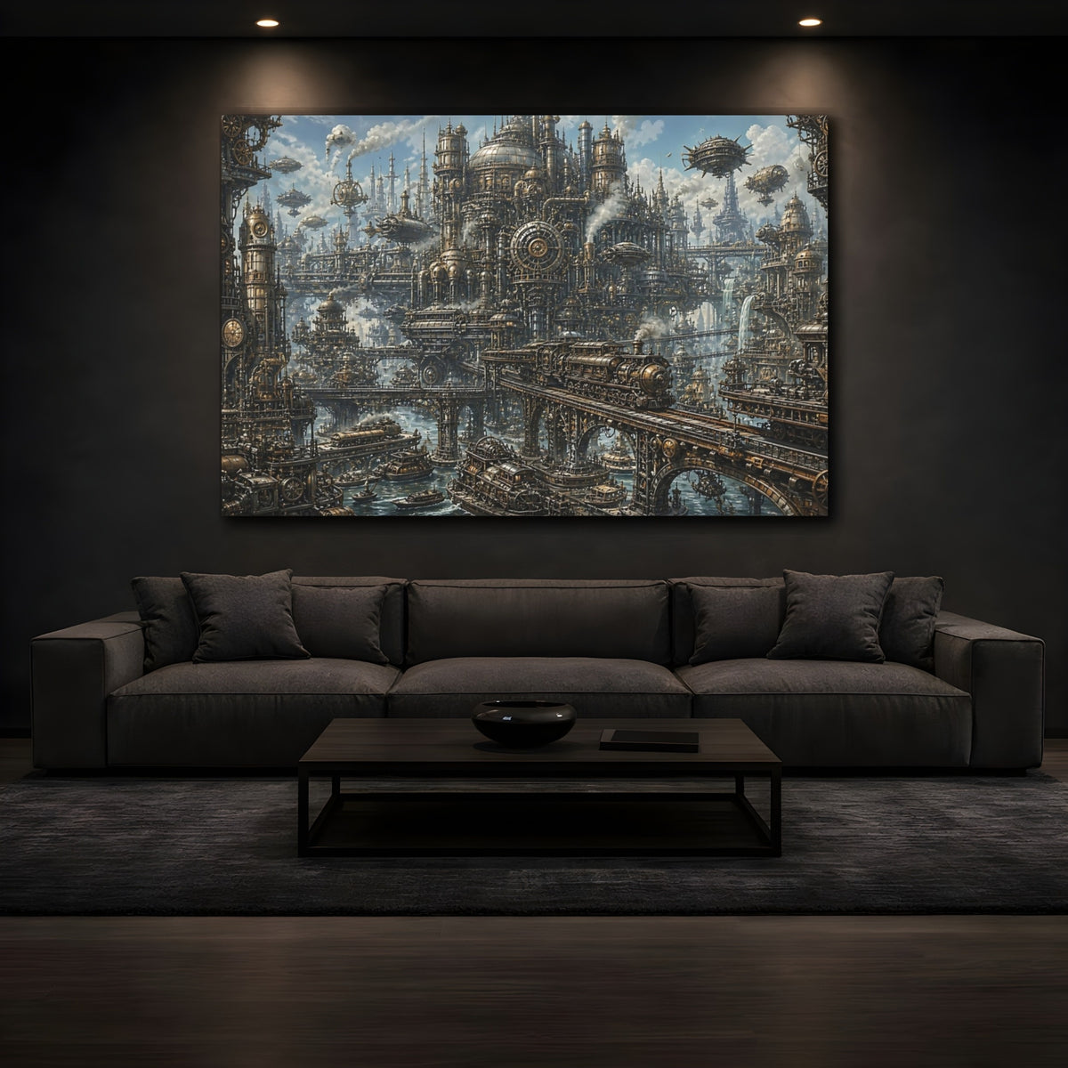 Mockup 3. Steampunk City Skyline shown as canvas print