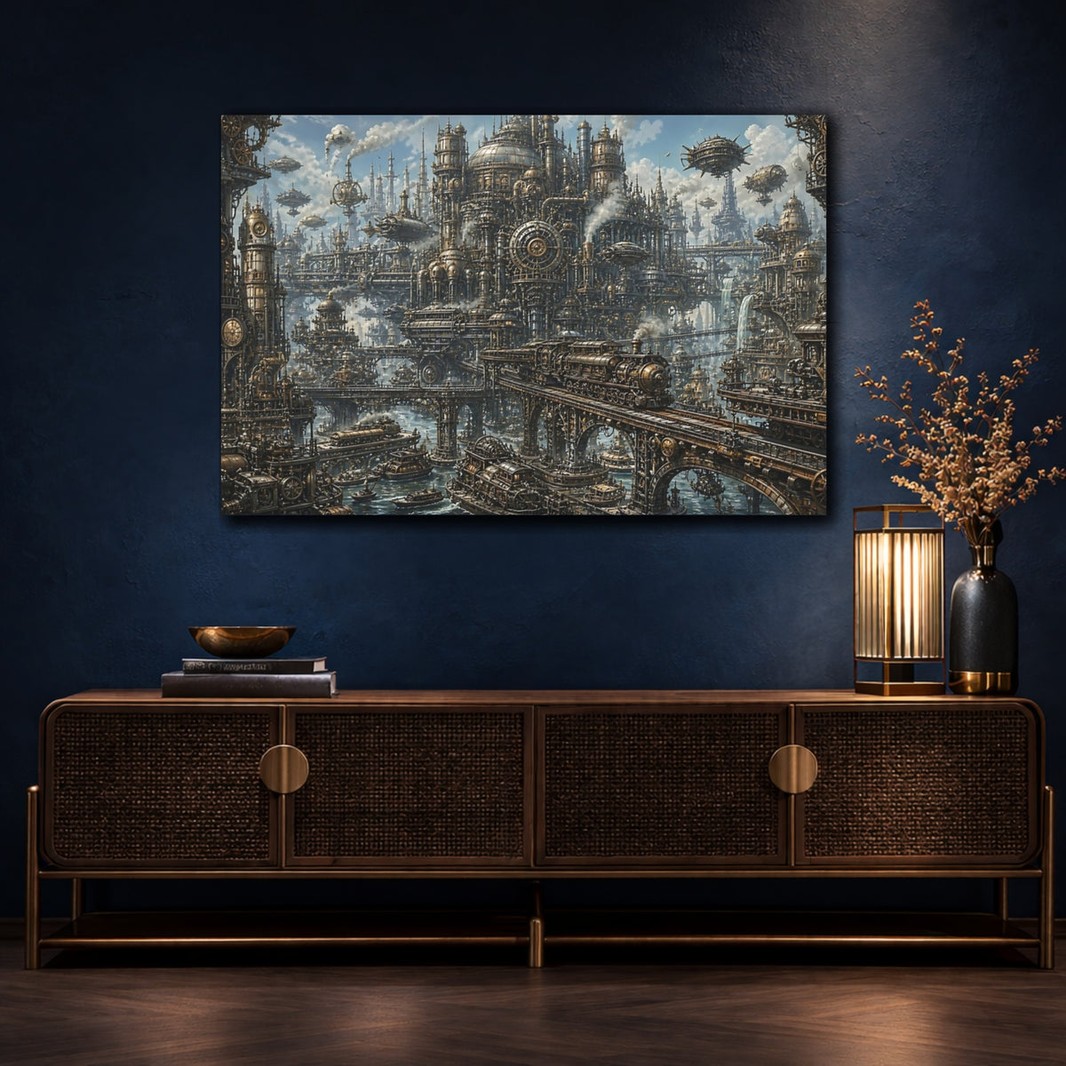 Mockup 4. Steampunk City Skyline shown as canvas print