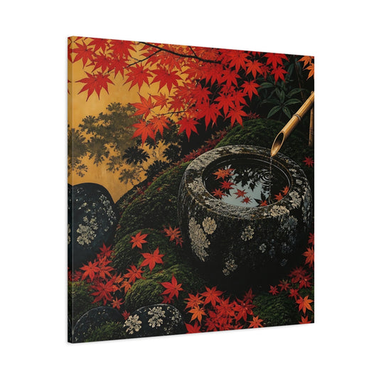 Main Mockup. Stone Basin With Red Maples shown as canvas print