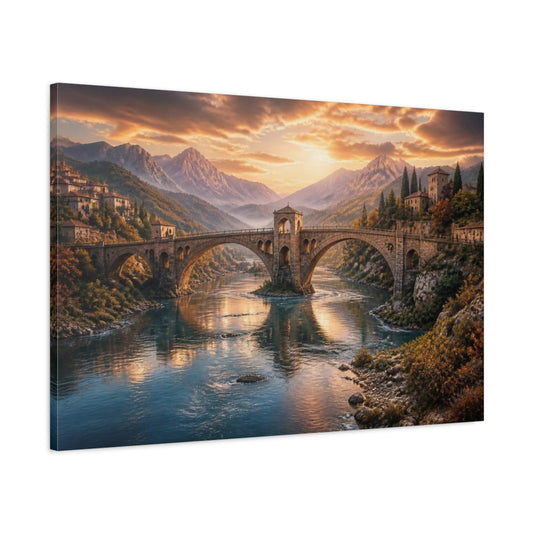 Main Mockup. Stone Bridge Landscape Sunset shown as canvas print
