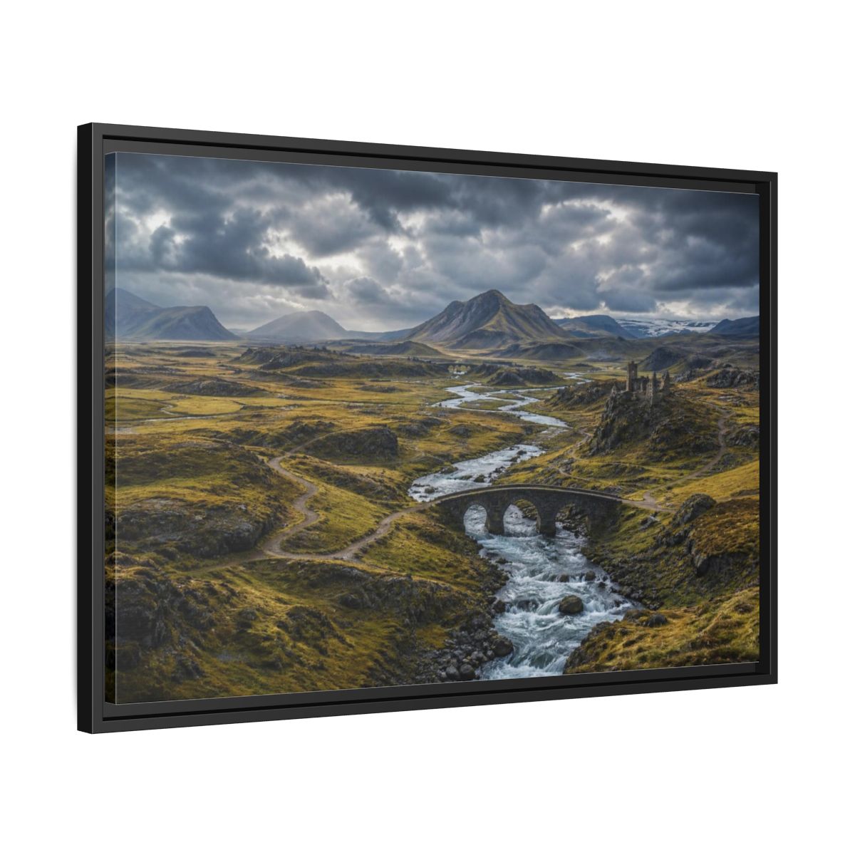 Side Mockup 14. Stone Bridge River Valley shown as framed canvas print