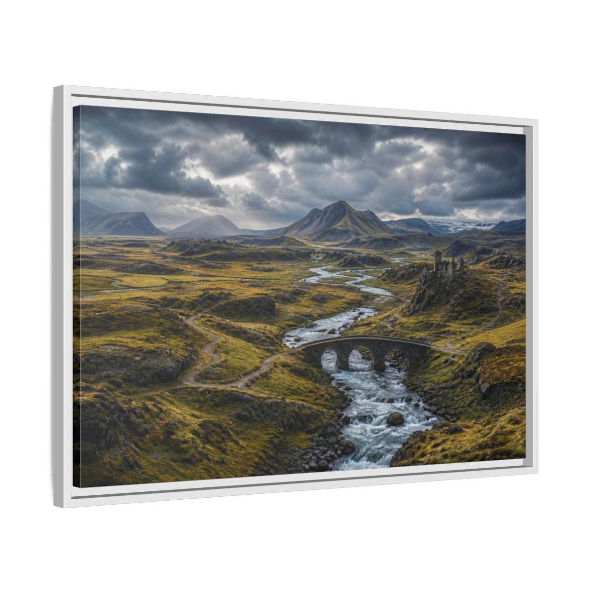 Side Mockup 10. Stone Bridge River Valley shown as framed canvas print