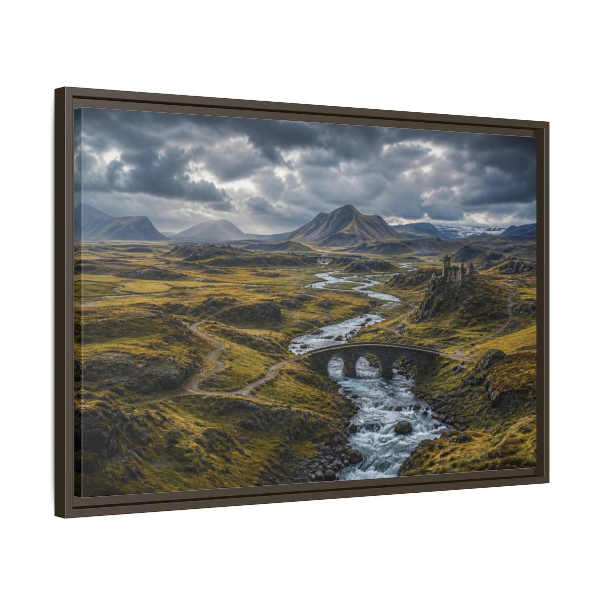 Side Mockup 11. Stone Bridge River Valley shown as framed canvas print