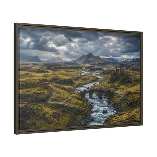 Main Mockup. Stone Bridge River Valley shown as framed canvas print