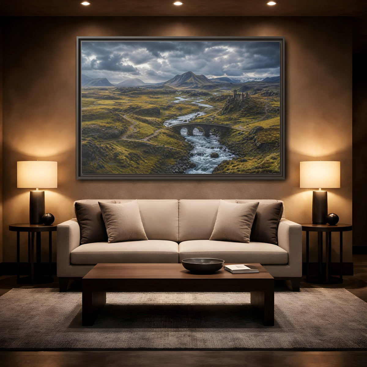 Mockup 2. Stone Bridge River Valley shown as framed canvas print