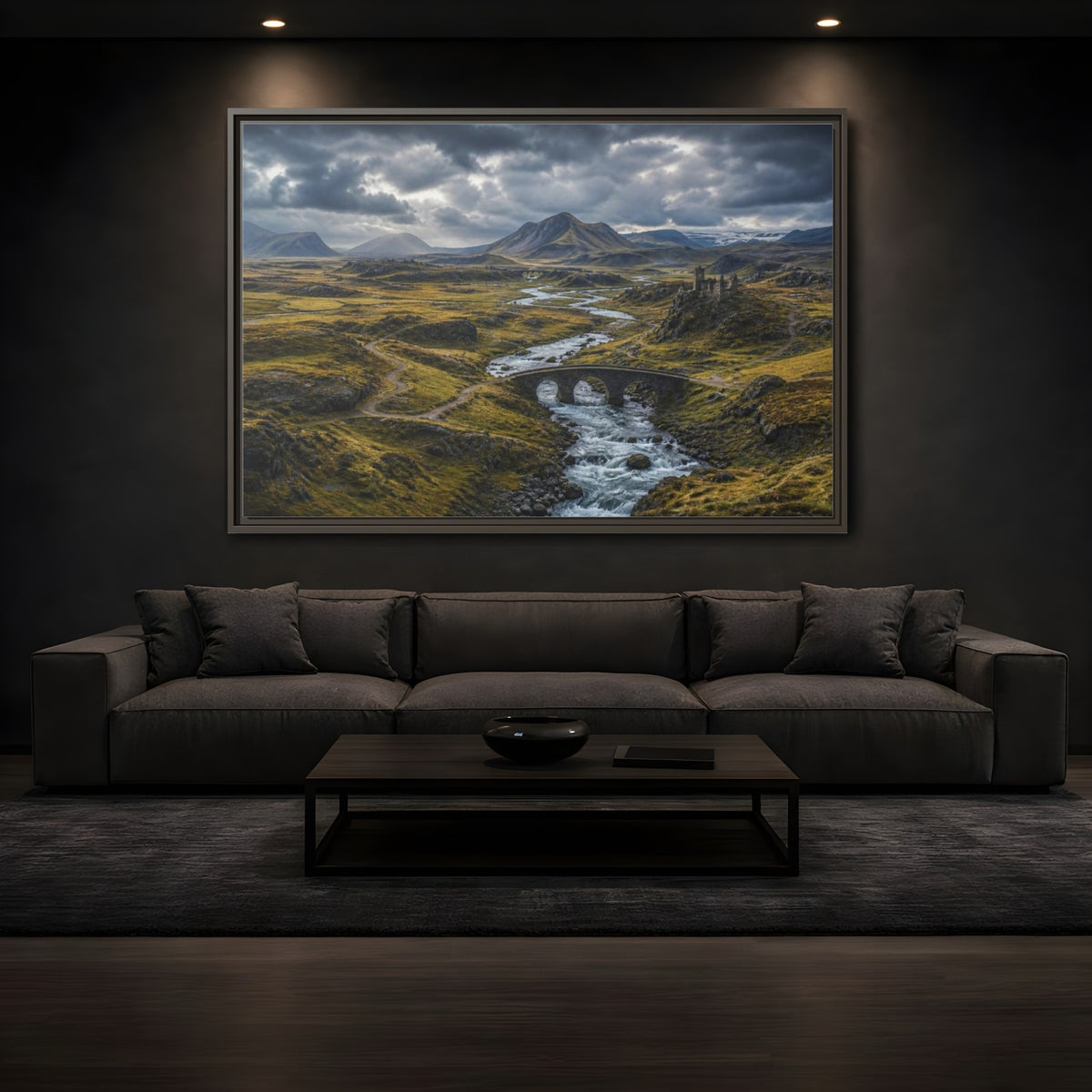 Mockup 3. Stone Bridge River Valley shown as framed canvas print