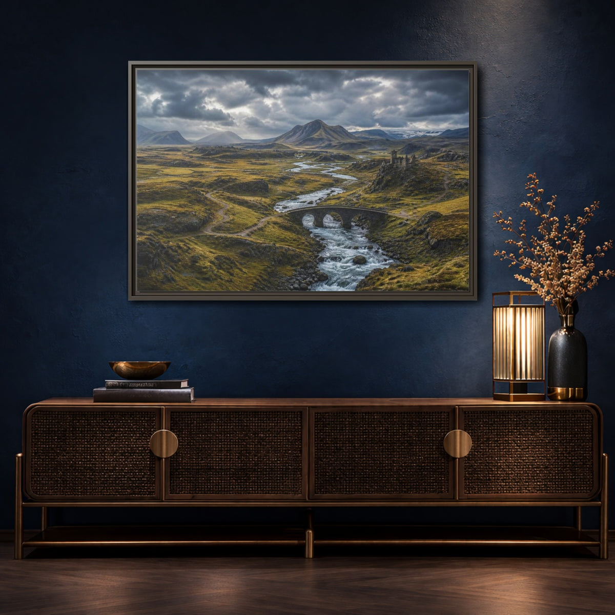 Mockup 4. Stone Bridge River Valley shown as framed canvas print