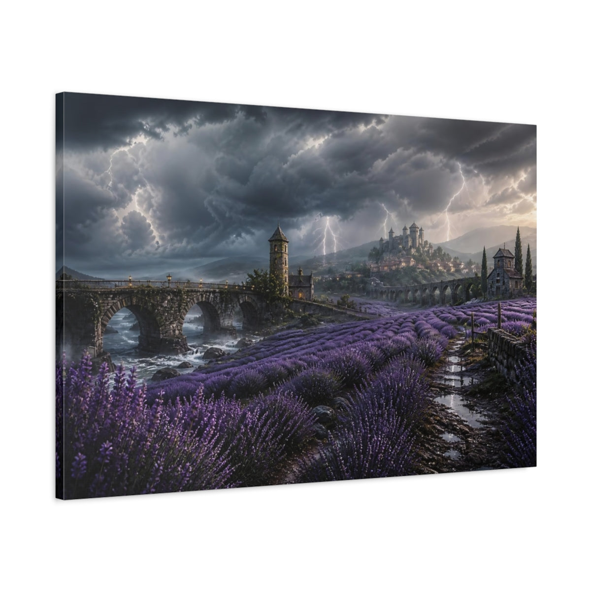 Main Mockup. Storm Over Lavender Fields shown as canvas print