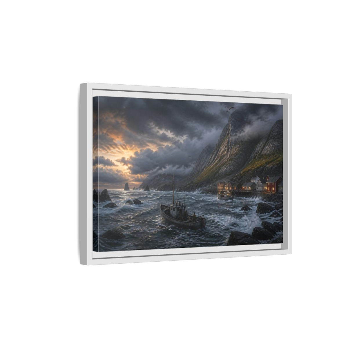 Side Mockup 4. Stormy Fishing Boat By Village shown as framed canvas print
