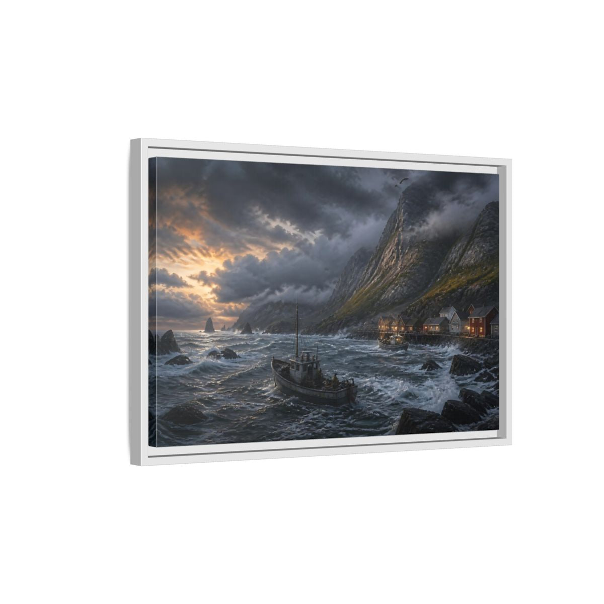 Side Mockup 1. Stormy Fishing Boat By Village shown as framed canvas print